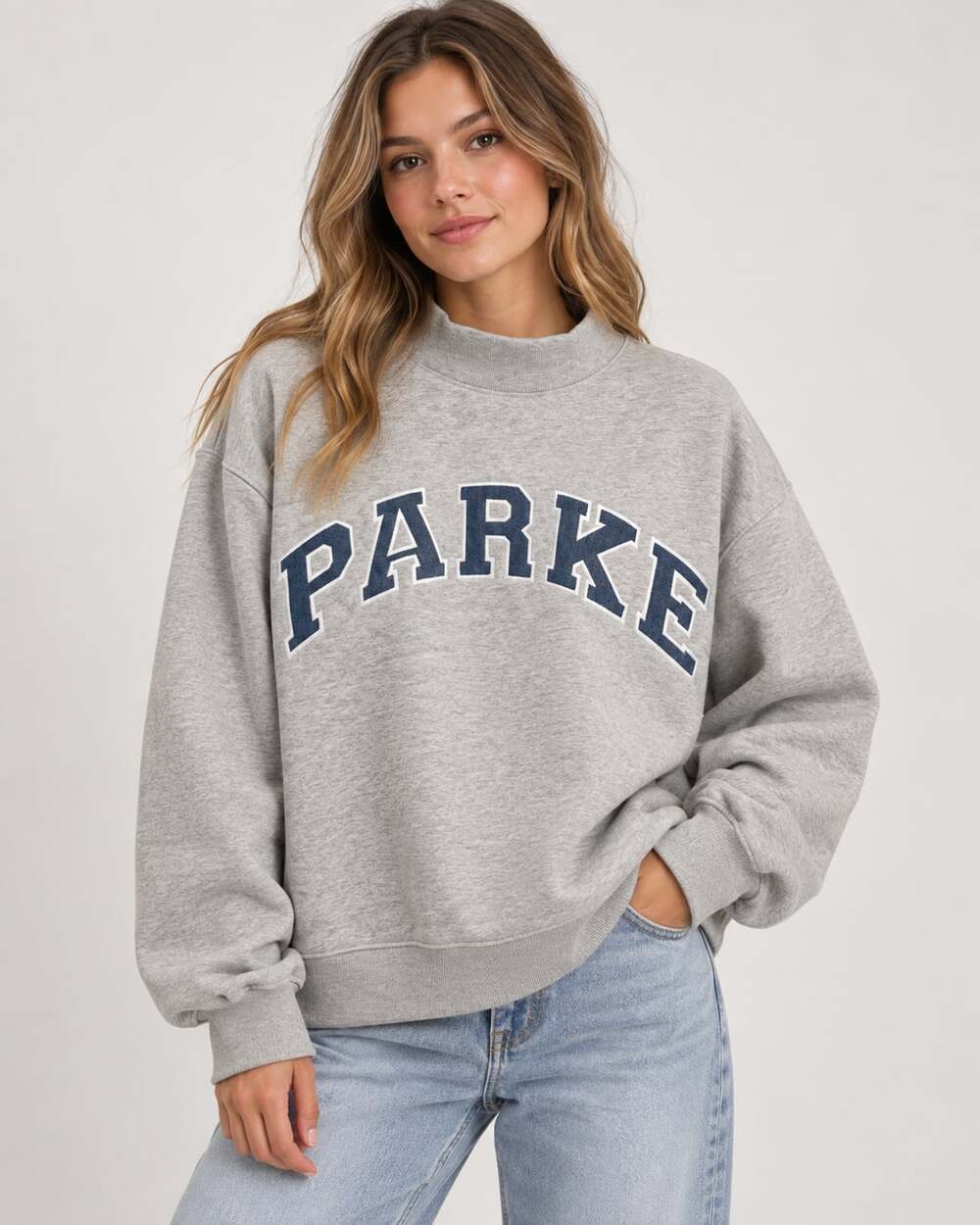 Parke Varsity Mockneck Sweatshirt in Classic Grey and Vintage Denim, Size L/XL c